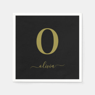 Monogram Script Name Personalized Black And Gold Napkin
