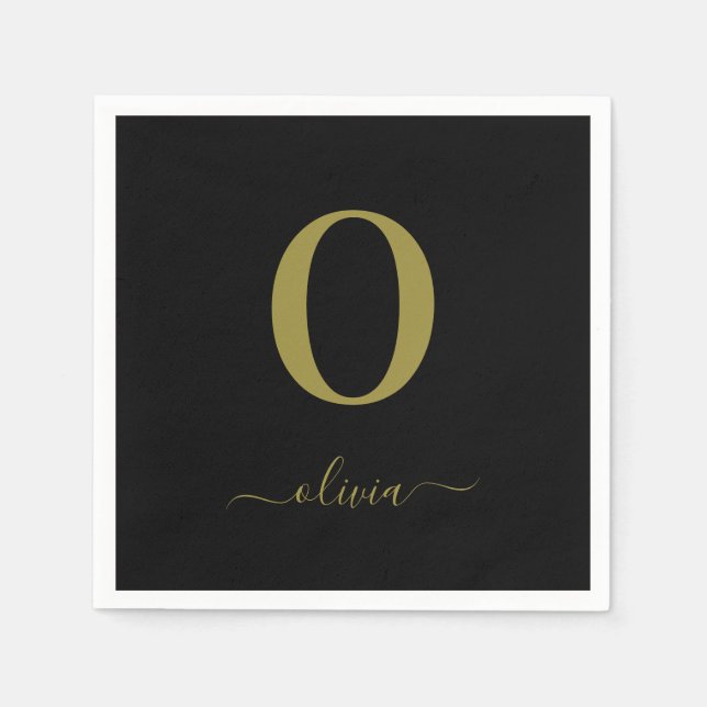 Monogram Script Name Personalized Black And Gold Napkin (Front)