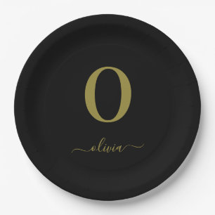 Monogram Script Name Personalized Black And Gold Paper Plate