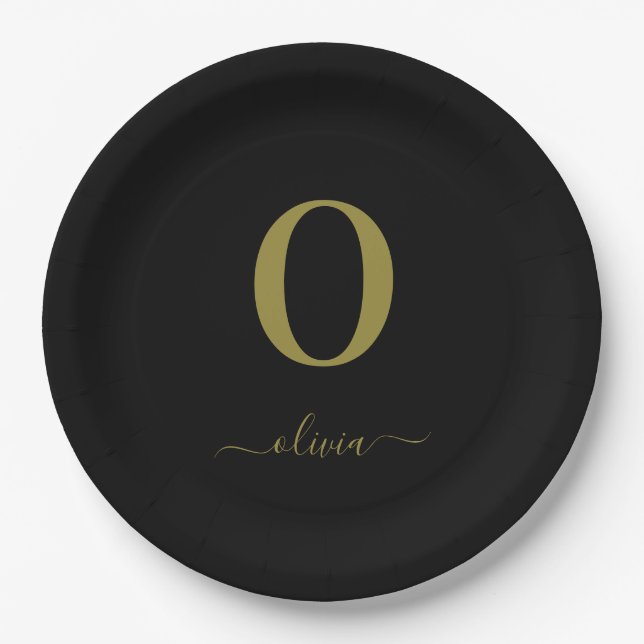 Monogram Script Name Personalized Black And Gold Paper Plate (Front)