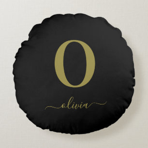 Monogram Script Name Personalized Black And Gold Round Pillow