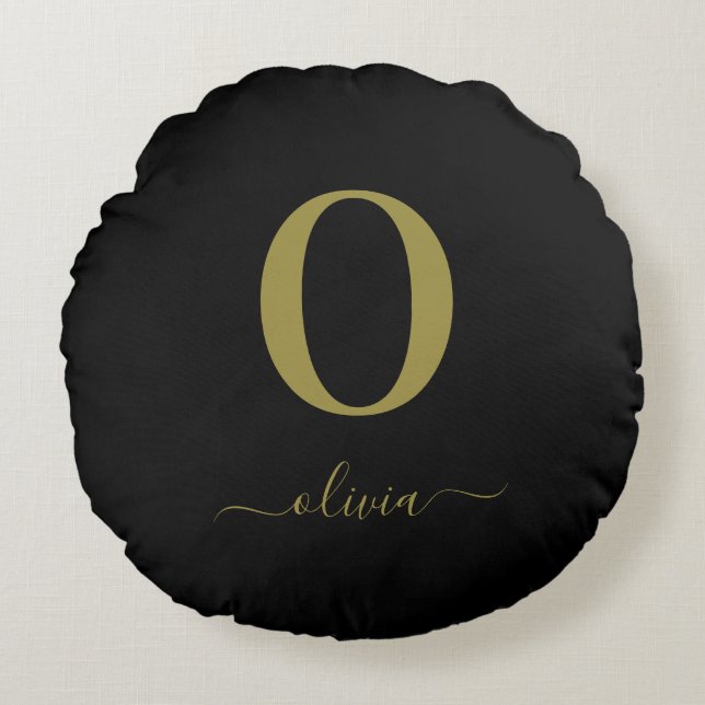 Monogram Script Name Personalized Black And Gold Round Pillow (Front)