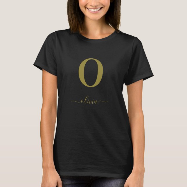 Monogram Script Name Personalized Black And Gold T-Shirt (Front)