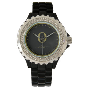Monogram Script Name Personalized Black And Gold Watch
