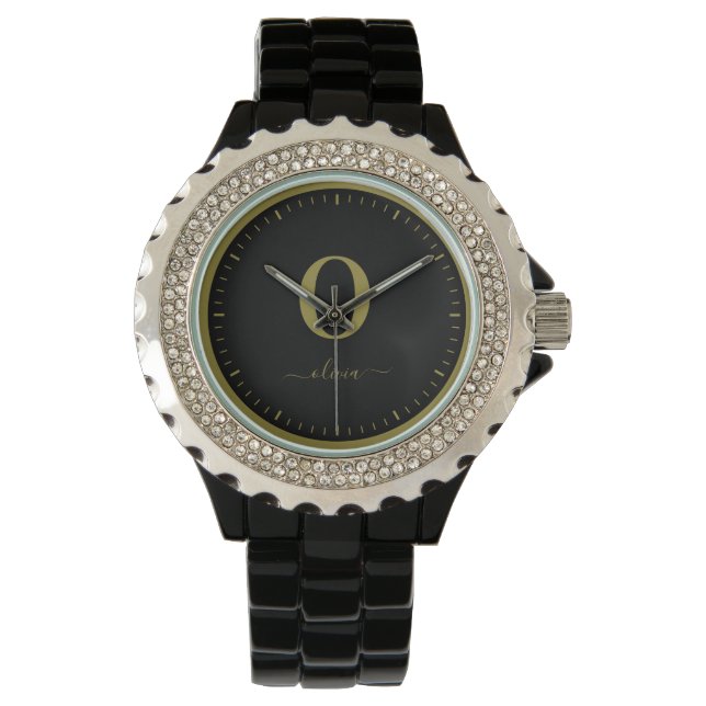 Monogram Script Name Personalized Black And Gold Watch (Front)