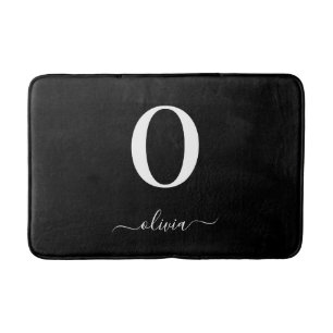 Monogram Script Name Personalized Black And White Bath Mat