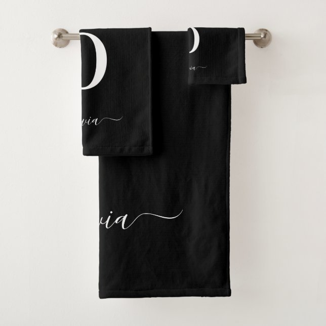 Monogram Script Name Personalized Black And White Bath Towel Set (Insitu)