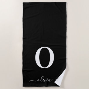 Monogram Script Name Personalized Black And White Beach Towel
