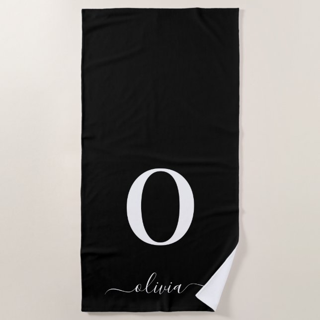 Monogram Script Name Personalized Black And White Beach Towel (Front)