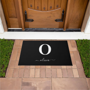 Monogram Script Name Personalized Black And White Doormat