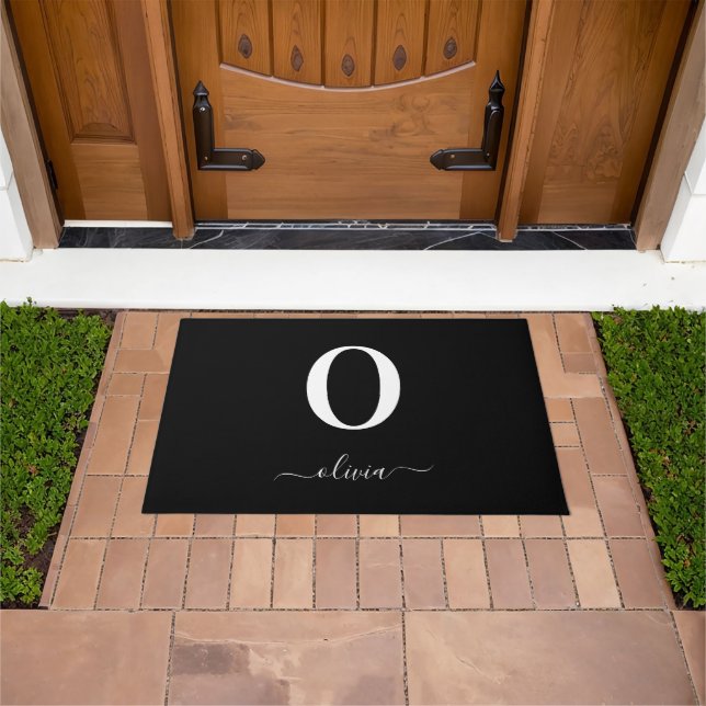 Monogram Script Name Personalized Black And White Doormat (Outdoor)