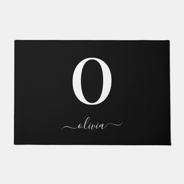 Monogram Script Name Personalized Black And White Doormat (Front)