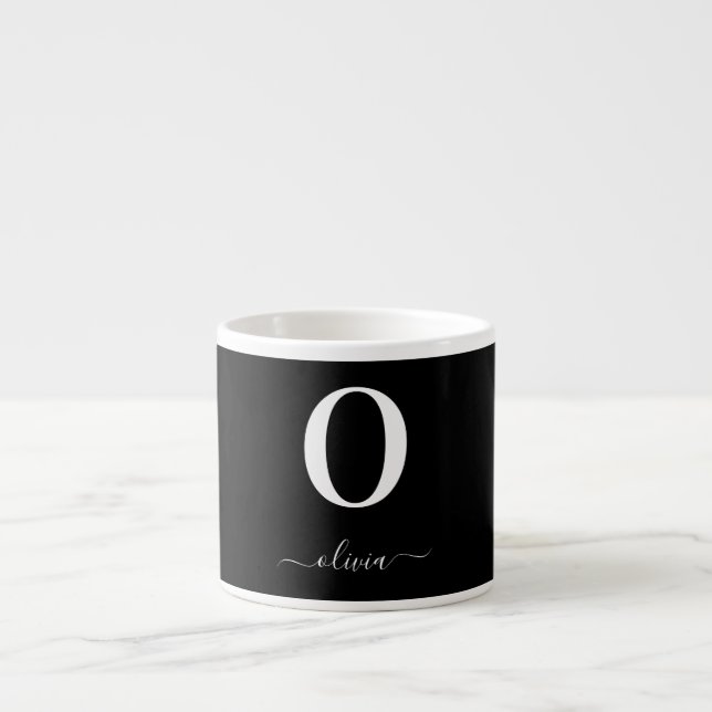 Monogram Script Name Personalized Black And White Espresso Cup (Front)