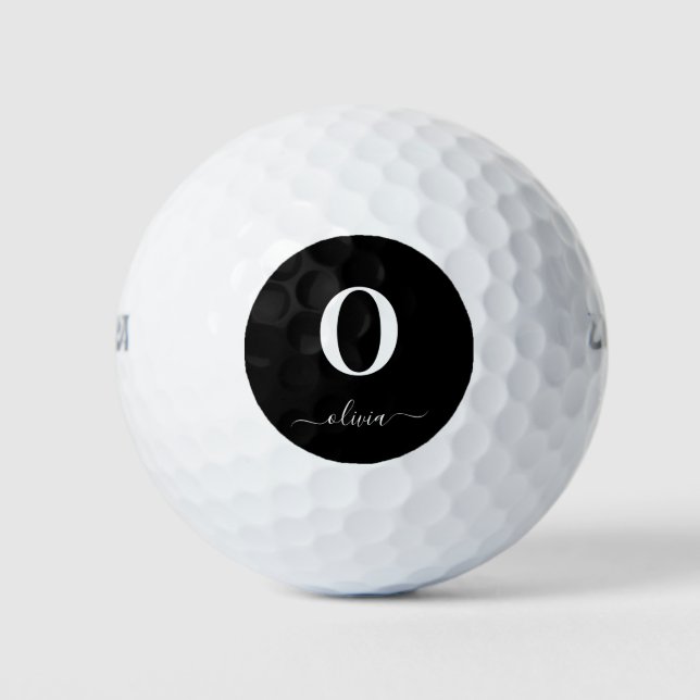 Monogram Script Name Personalized Black And White Golf Balls (Front)