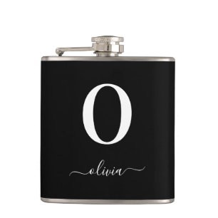 Monogram Script Name Personalized Black And White Hip Flask