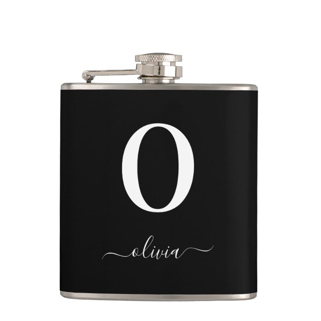 Monogram Script Name Personalized Black And White Hip Flask (Front)