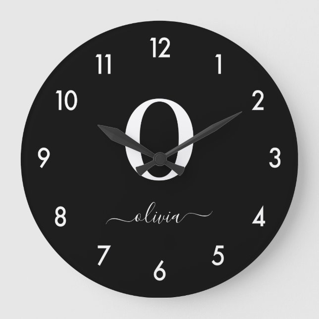 Monogram Script Name Personalized Black And White Large Clock (Front)