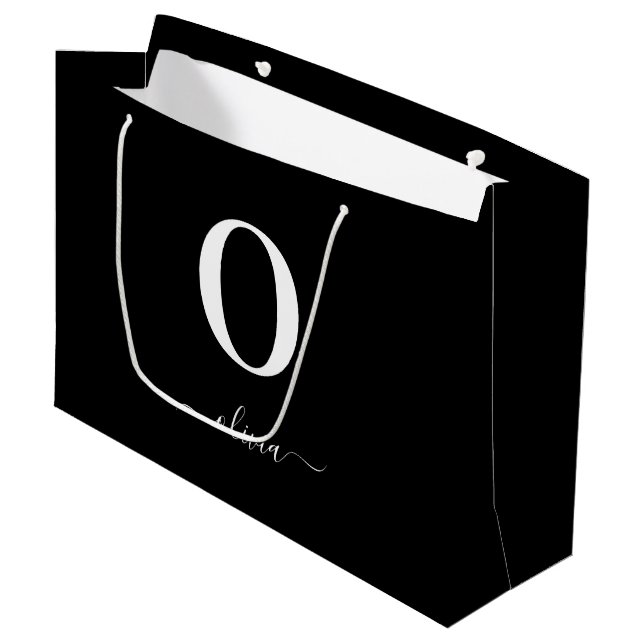 Monogram Script Name Personalized Black And White Large Gift Bag (Front Angled)