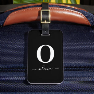 Monogram Script Name Personalized Black And White Luggage Tag