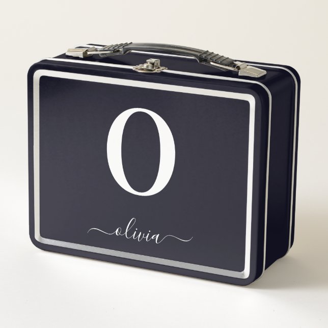 Monogram Script Name Personalized Black And White Metal Lunch Box (Front)