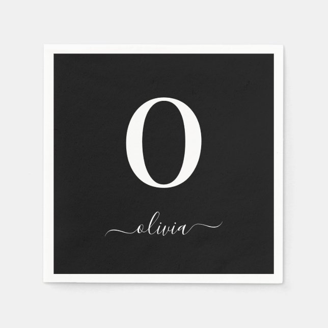 Monogram Script Name Personalized Black And White Napkin (Front)