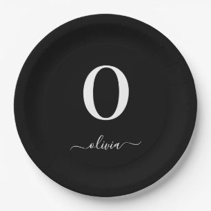 Monogram Script Name Personalized Black And White Paper Plate