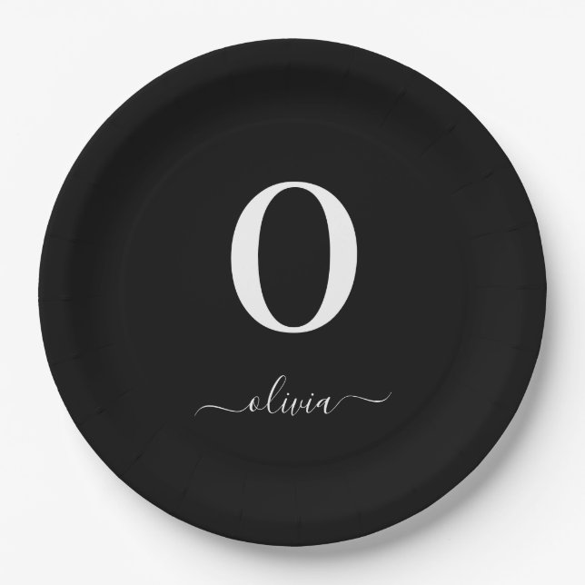 Monogram Script Name Personalized Black And White Paper Plate (Front)