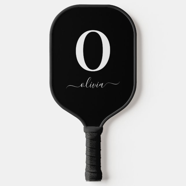 Monogram Script Name Personalized Black And White Pickleball Paddle (Front)