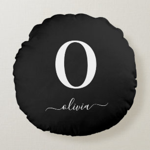 Monogram Script Name Personalized Black And White Round Pillow