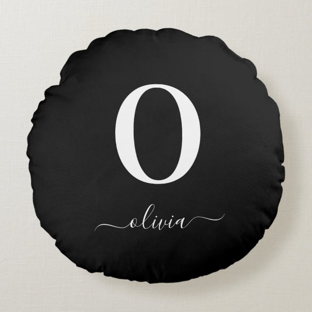 Monogram Script Name Personalized Black And White Round Pillow (Front)