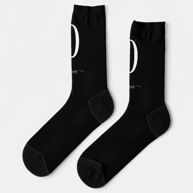 Monogram Script Name Personalized Black And White Socks (Left)