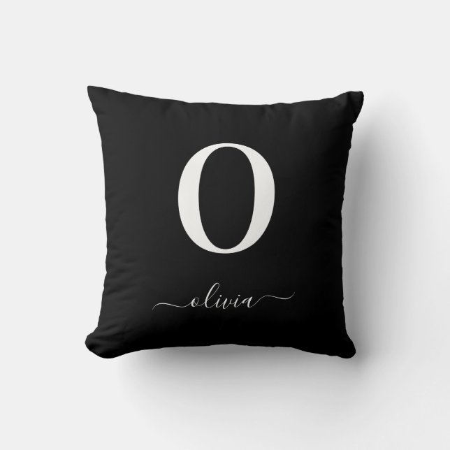 Monogram Script Name Personalized Black And White Throw Pillow (Front)