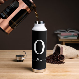 Monogram Script Name Personalized Black And White Water Bottle
