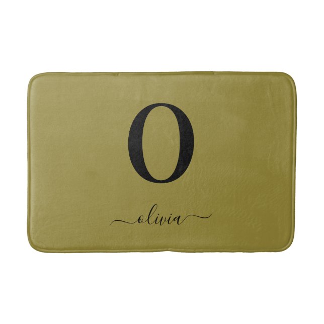 Monogram Script Name Personalized Gold And Black Bath Mat (Front)