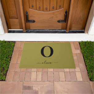 Monogram Script Name Personalized Gold And Black Doormat