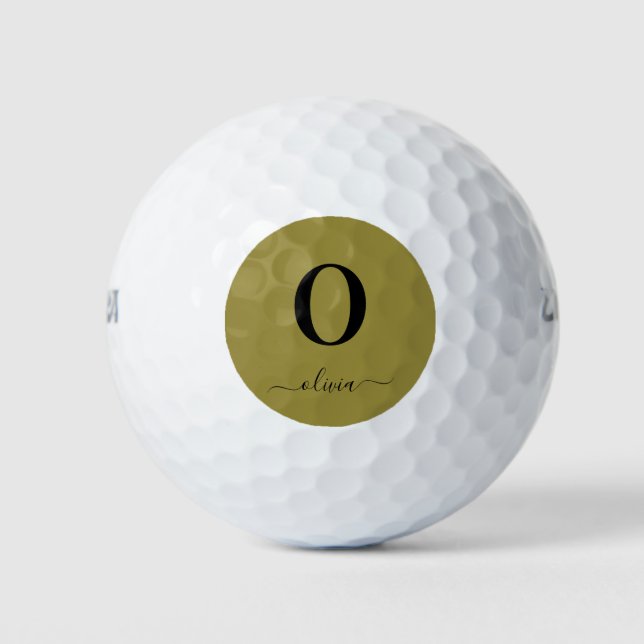 Monogram Script Name Personalized Gold And Black Golf Balls (Front)