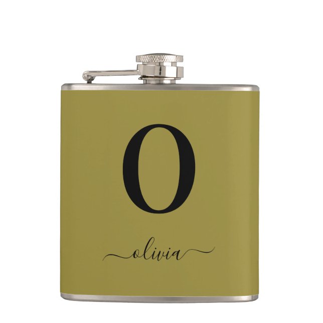 Monogram Script Name Personalized Gold And Black Hip Flask (Front)