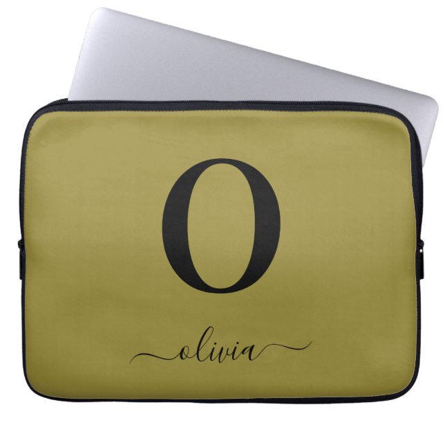 Monogram Script Name Personalized Gold And Black Laptop Sleeve (Front)