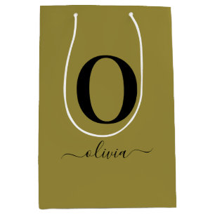 Monogram Script Name Personalized Gold And Black Medium Gift Bag