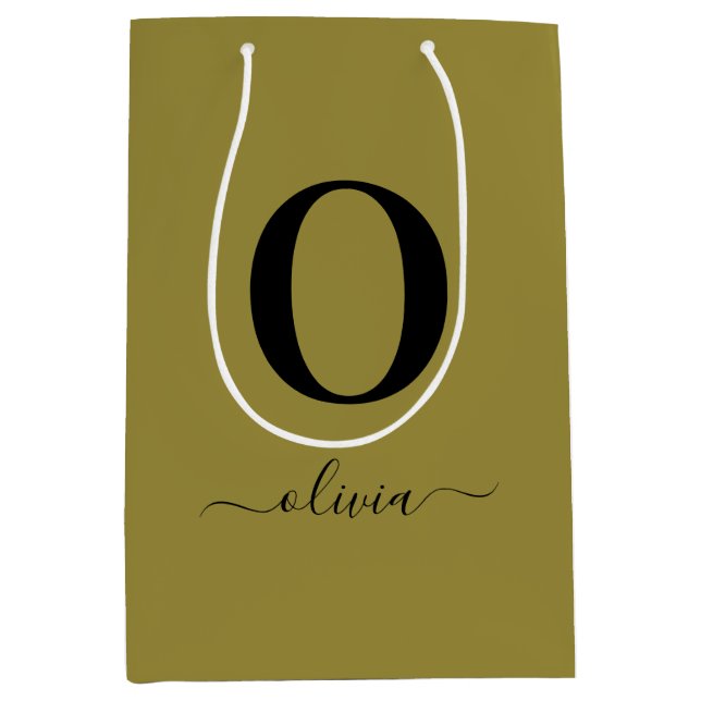 Monogram Script Name Personalized Gold And Black Medium Gift Bag (Front)