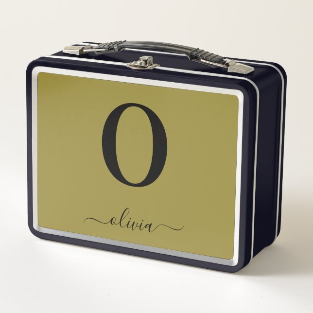Monogram Script Name Personalized Gold And Black Metal Lunch Box (Front)