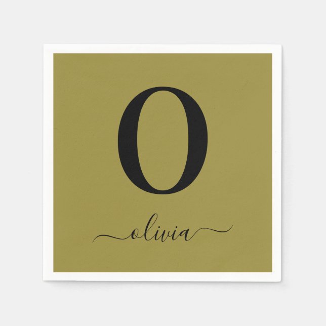 Monogram Script Name Personalized Gold And Black Napkin (Front)