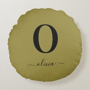 Monogram Script Name Personalized Gold And Black Round Pillow