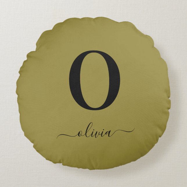 Monogram Script Name Personalized Gold And Black Round Pillow (Front)