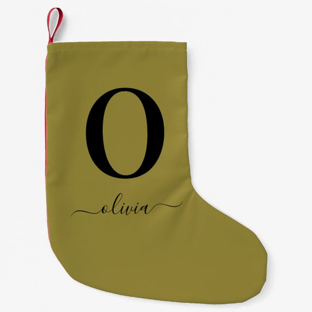 Monogram Script Name Personalized Gold And Black Small Christmas Stocking (Front)