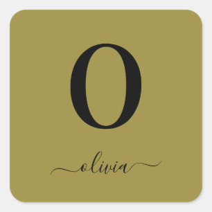 Monogram Script Name Personalized Gold And Black Square Sticker