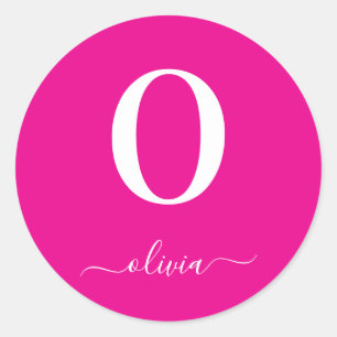 Monogram Script Name Personalized Hot Pink White Classic Round Sticker