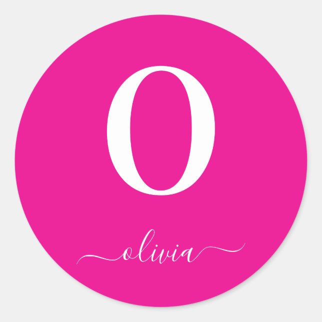 Monogram Script Name Personalized Hot Pink White Classic Round Sticker (Front)