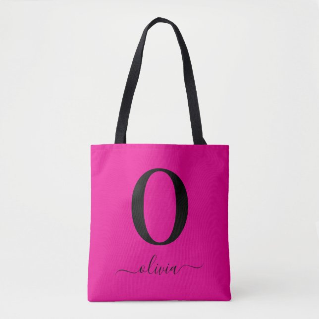Monogram Script Name Personalized Pink And Black Tote Bag (Front)