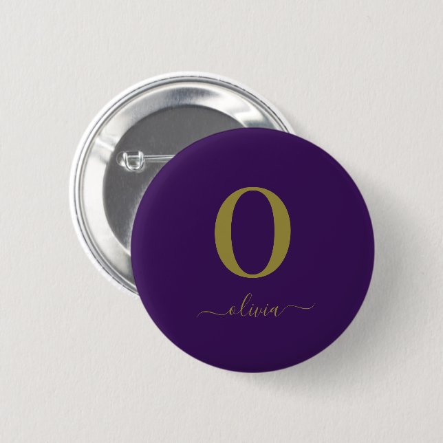 Monogram Script Name Personalized Purple And Gold 2 Inch Round Button (Front & Back)